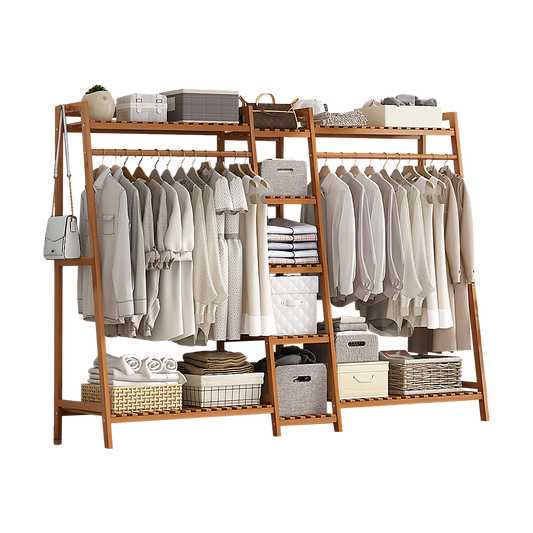 Portable Bamboo Clothes Rack – Double Rail with Shelves, Dark Wood Finish