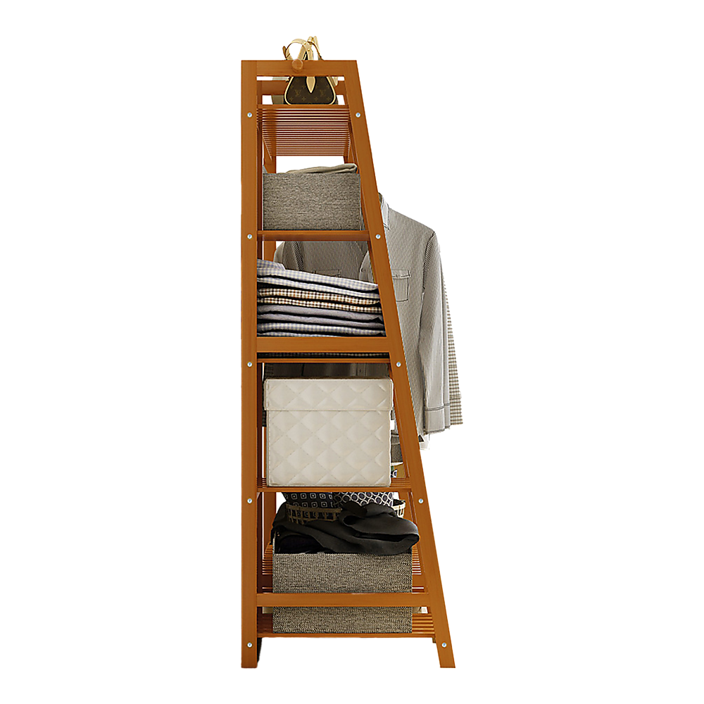 Portable Bamboo Clothes Rack – Double Rail with Shelves, Dark Wood Finish