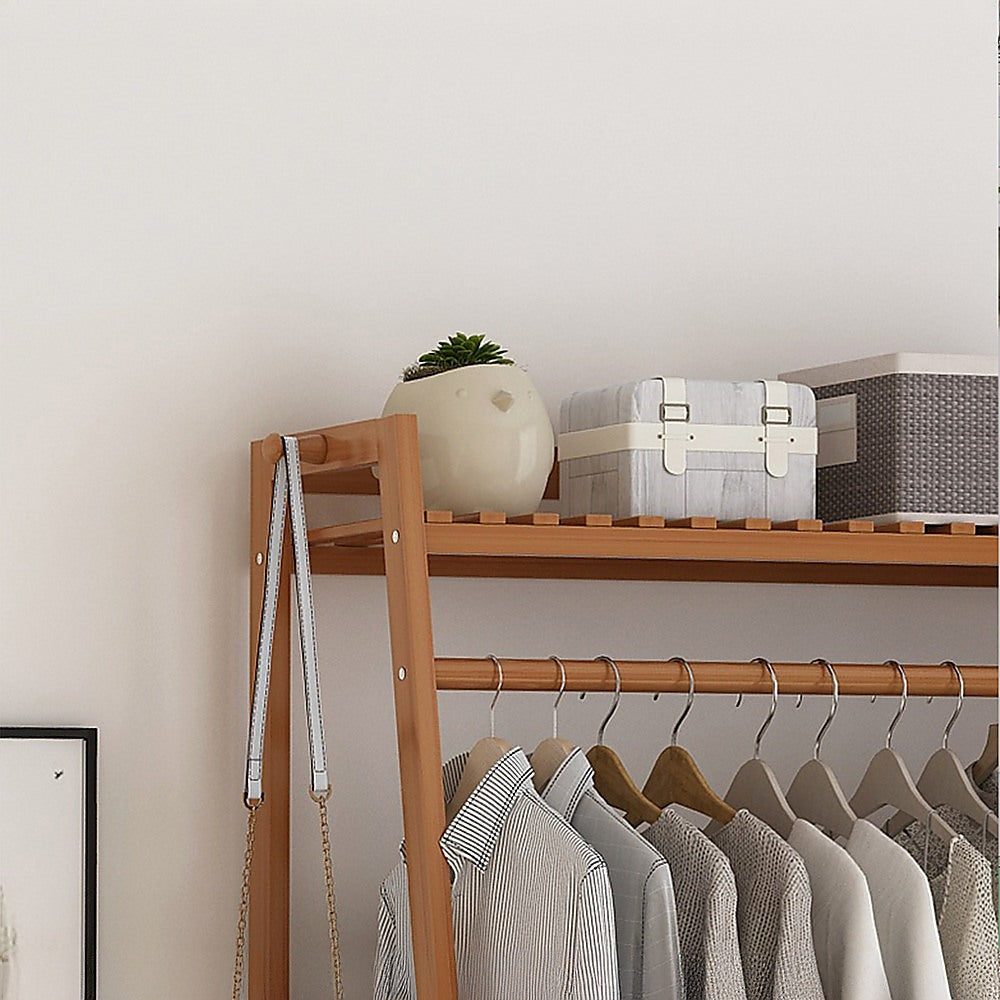 Portable Bamboo Clothes Rack – Double Rail with Shelves, Dark Wood Finish
