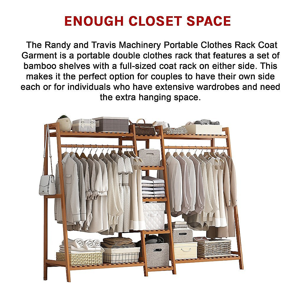 Portable Bamboo Clothes Rack – Double Rail with Shelves, Dark Wood Finish