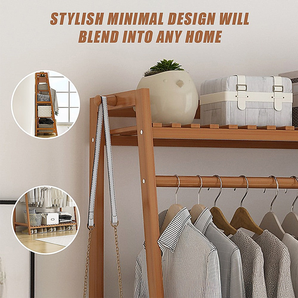 Portable Bamboo Clothes Rack – Double Rail with Shelves, Dark Wood Finish