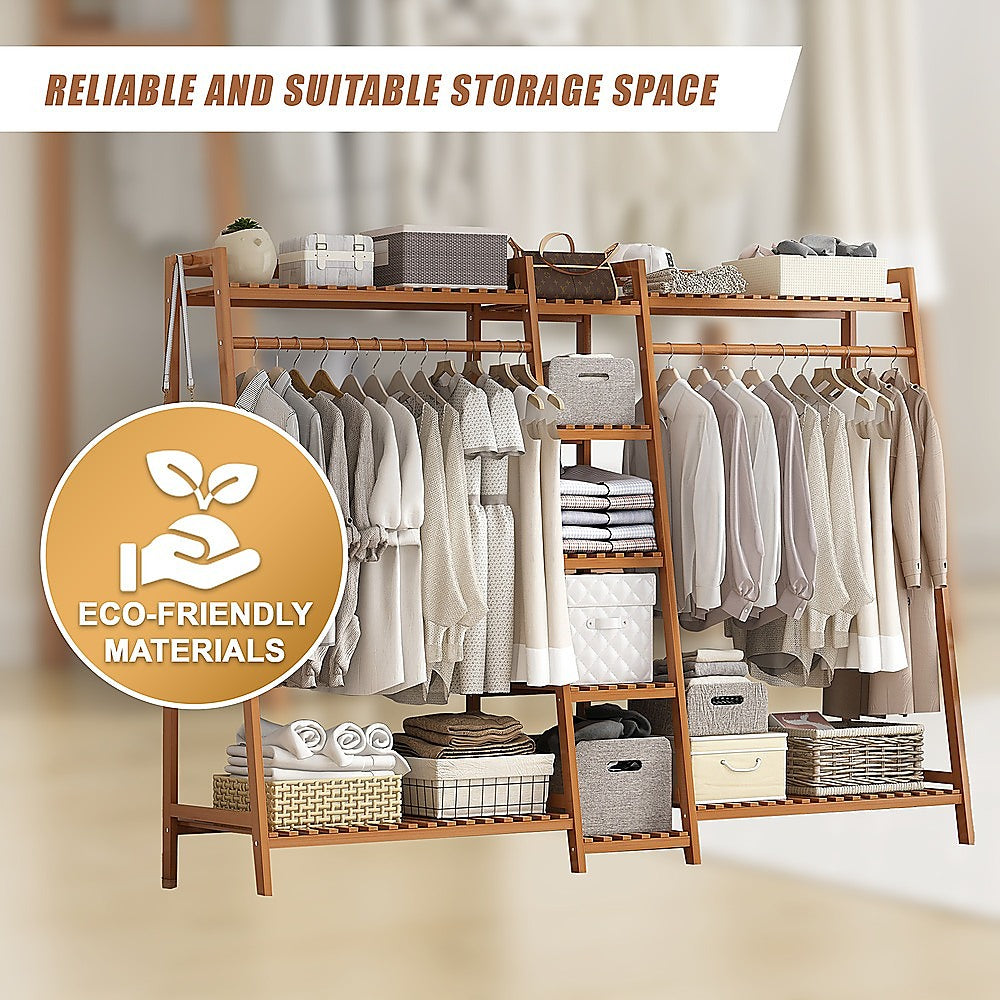 Portable Bamboo Clothes Rack – Double Rail with Shelves, Dark Wood Finish