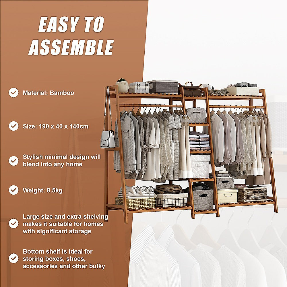 Portable Bamboo Clothes Rack – Double Rail with Shelves, Dark Wood Finish