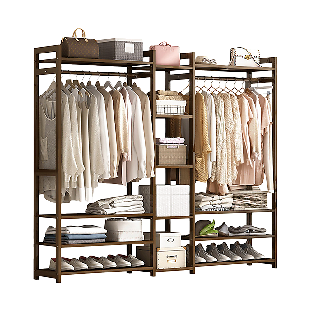 Portable Bamboo Clothes Rack – Stained Dark Wood, Spacious Storage