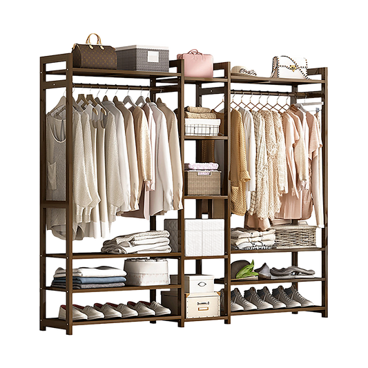 Portable Bamboo Clothes Rack – Stained Dark Wood, Spacious Storage