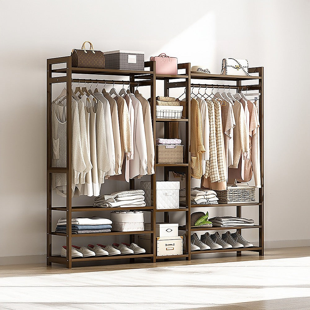Portable Bamboo Clothes Rack – Stained Dark Wood, Spacious Storage
