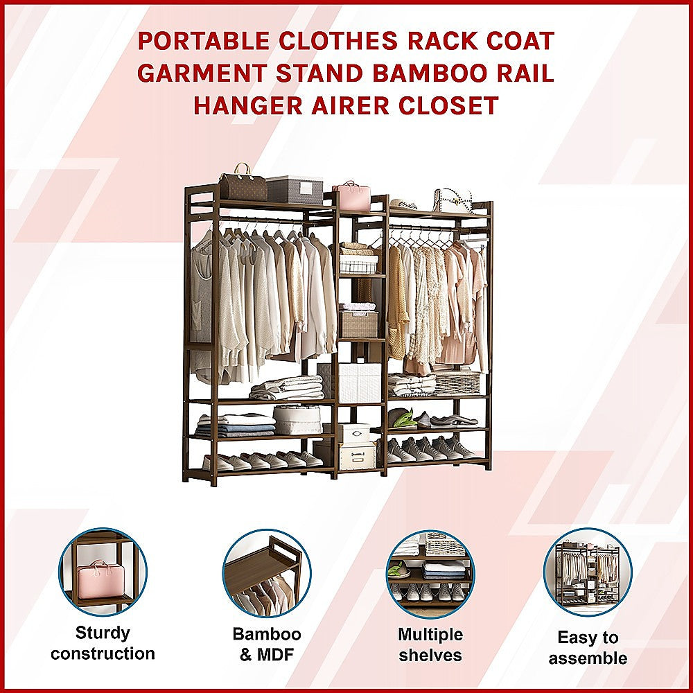 Portable Bamboo Clothes Rack – Stained Dark Wood, Spacious Storage