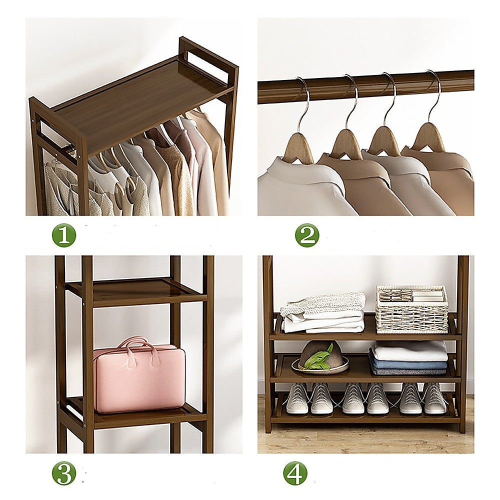 Portable Bamboo Clothes Rack – Stained Dark Wood, Spacious Storage
