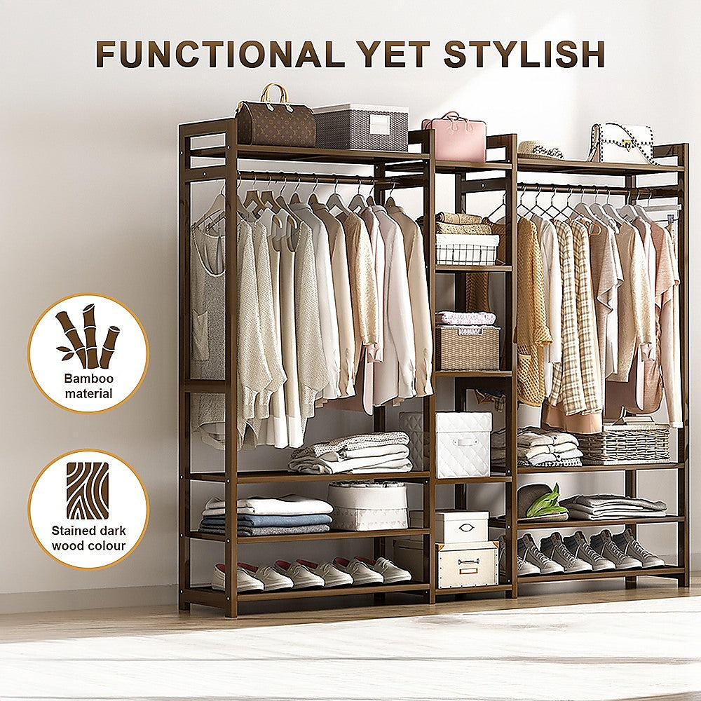 Portable Bamboo Clothes Rack – Stained Dark Wood, Spacious Storage