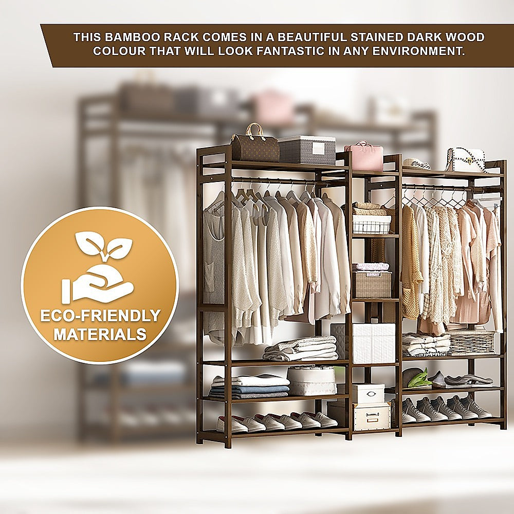 Portable Bamboo Clothes Rack – Stained Dark Wood, Spacious Storage