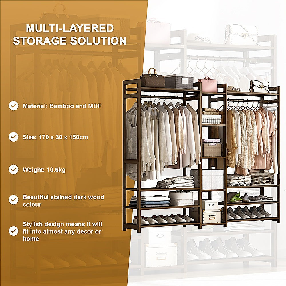 Portable Bamboo Clothes Rack – Stained Dark Wood, Spacious Storage