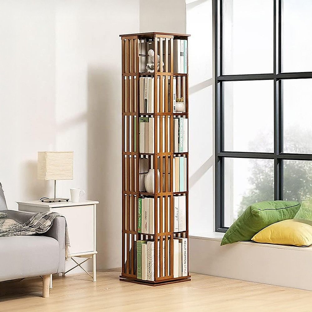 Bamboo Bookshelf – 360° Rotating Dark Wood Storage Rack