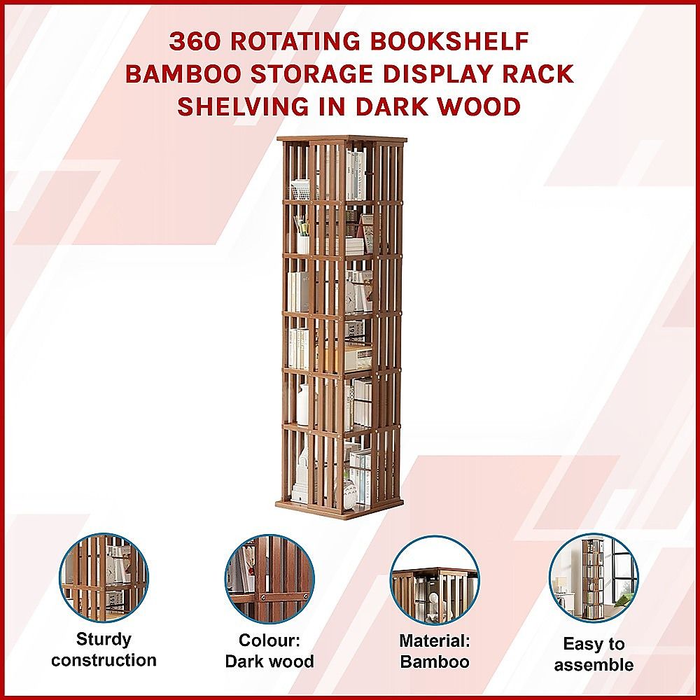 Bamboo Bookshelf – 360° Rotating Dark Wood Storage Rack
