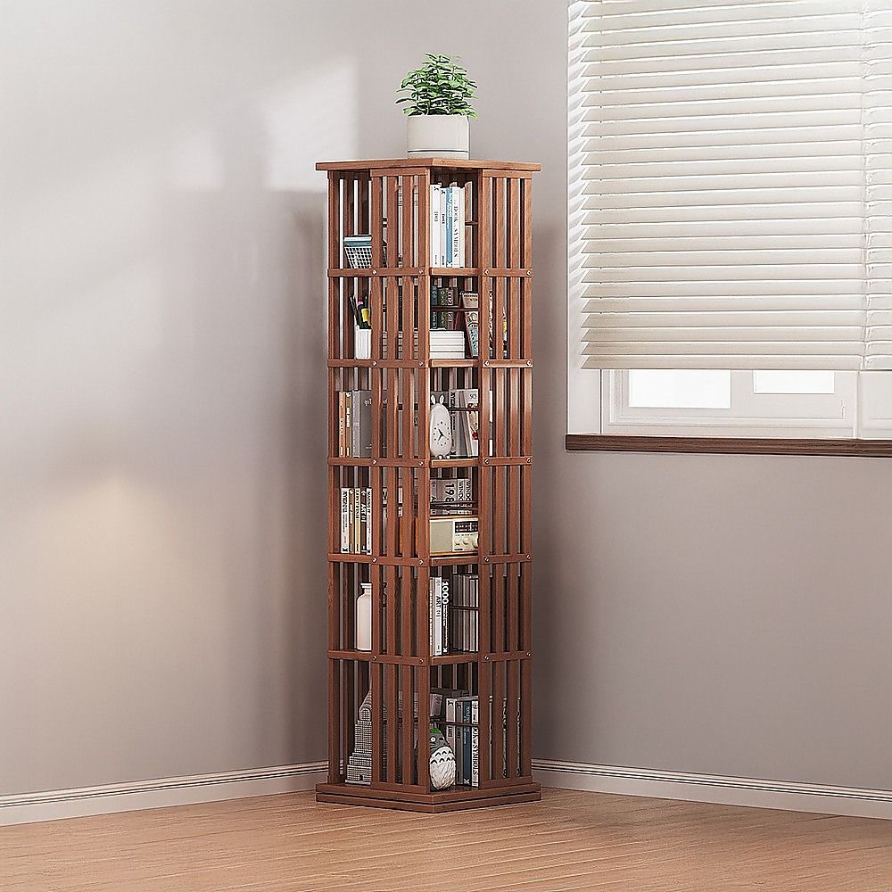 Bamboo Bookshelf – 360° Rotating Dark Wood Storage Rack