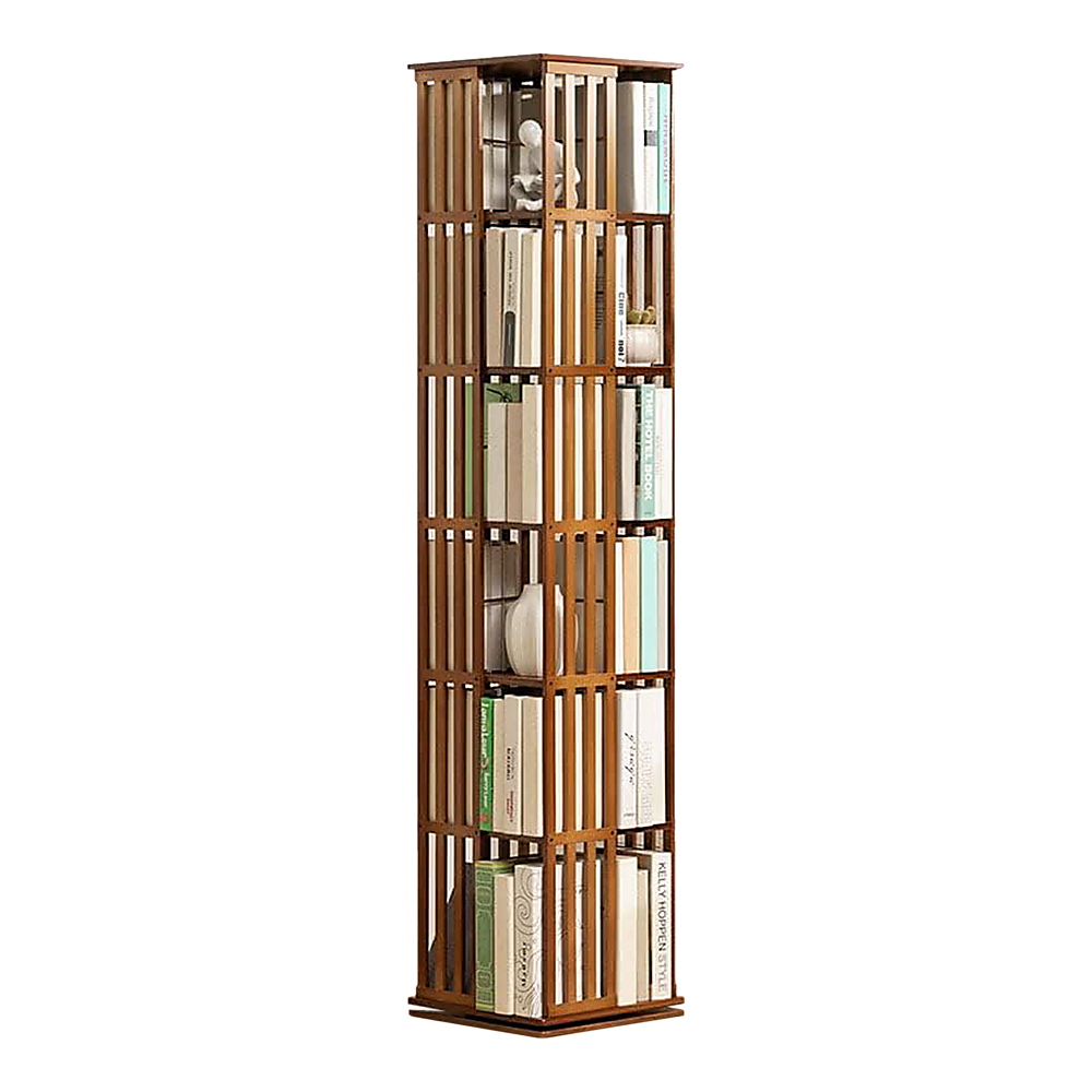 Bamboo Bookshelf – 360° Rotating Dark Wood Storage Rack