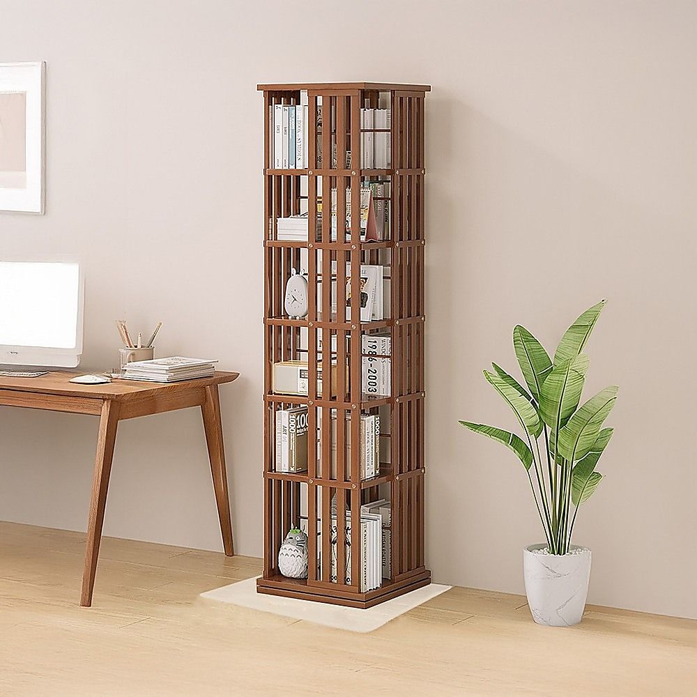 Bamboo Bookshelf – 360° Rotating Dark Wood Storage Rack