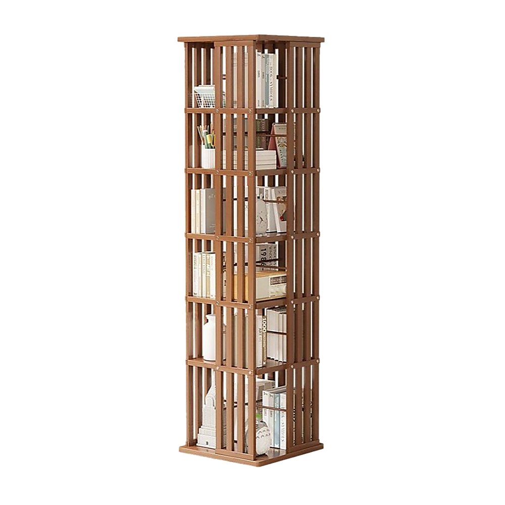 Bamboo Bookshelf – 360° Rotating Dark Wood Storage Rack