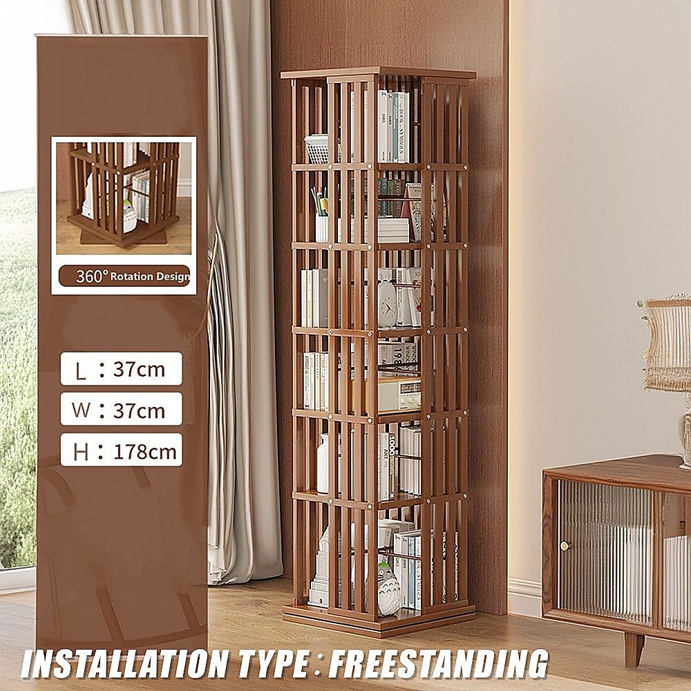 Bamboo Bookshelf – 360° Rotating Dark Wood Storage Rack