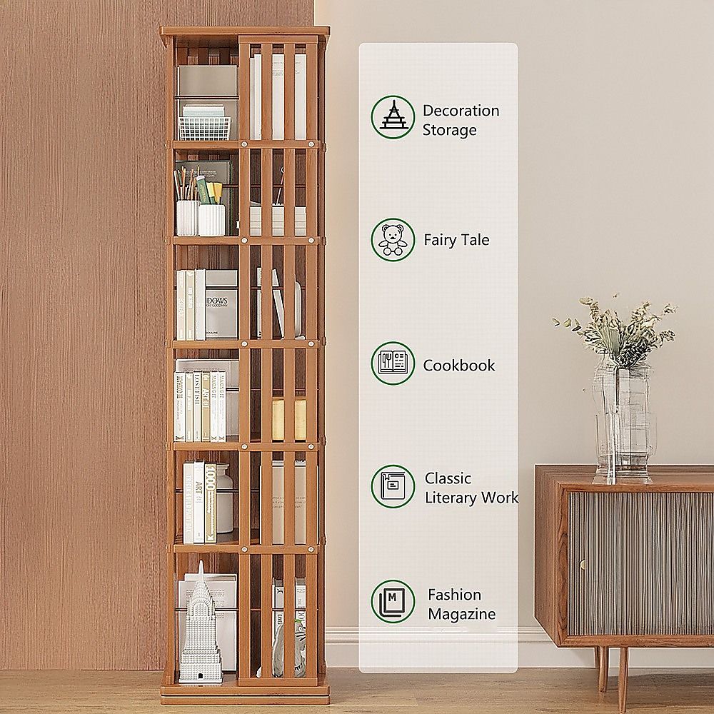 Bamboo Bookshelf – 360° Rotating Dark Wood Storage Rack