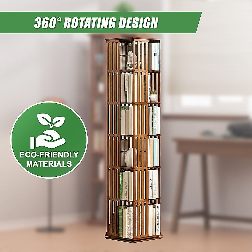 Bamboo Bookshelf – 360° Rotating Dark Wood Storage Rack