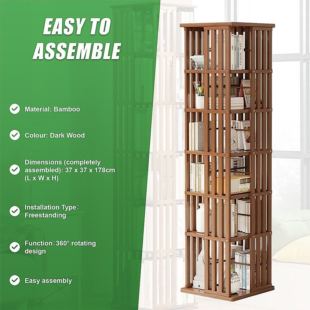Bamboo Bookshelf – 360° Rotating Dark Wood Storage Rack