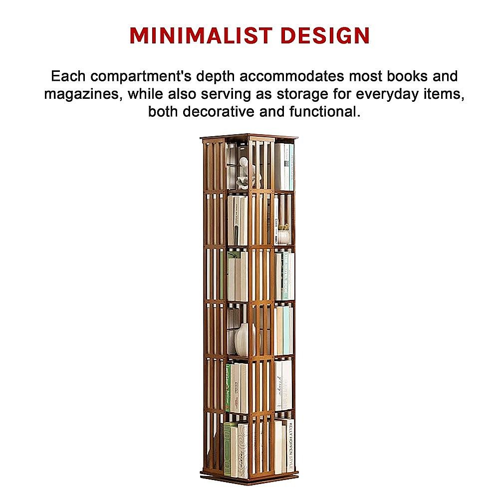 Bamboo Bookshelf – 360° Rotating Dark Wood Storage Rack
