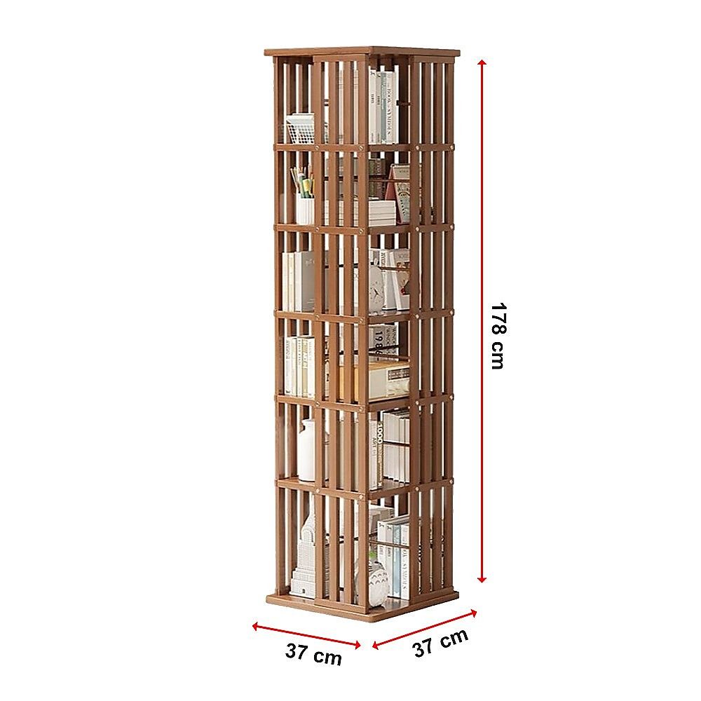 Bamboo Bookshelf – 360° Rotating Dark Wood Storage Rack