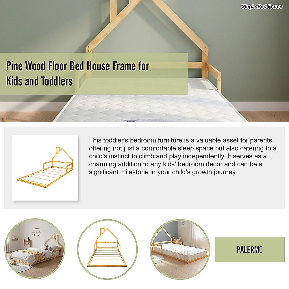 Pine Wood House Bed Frame – Single Size for Kids and Toddlers