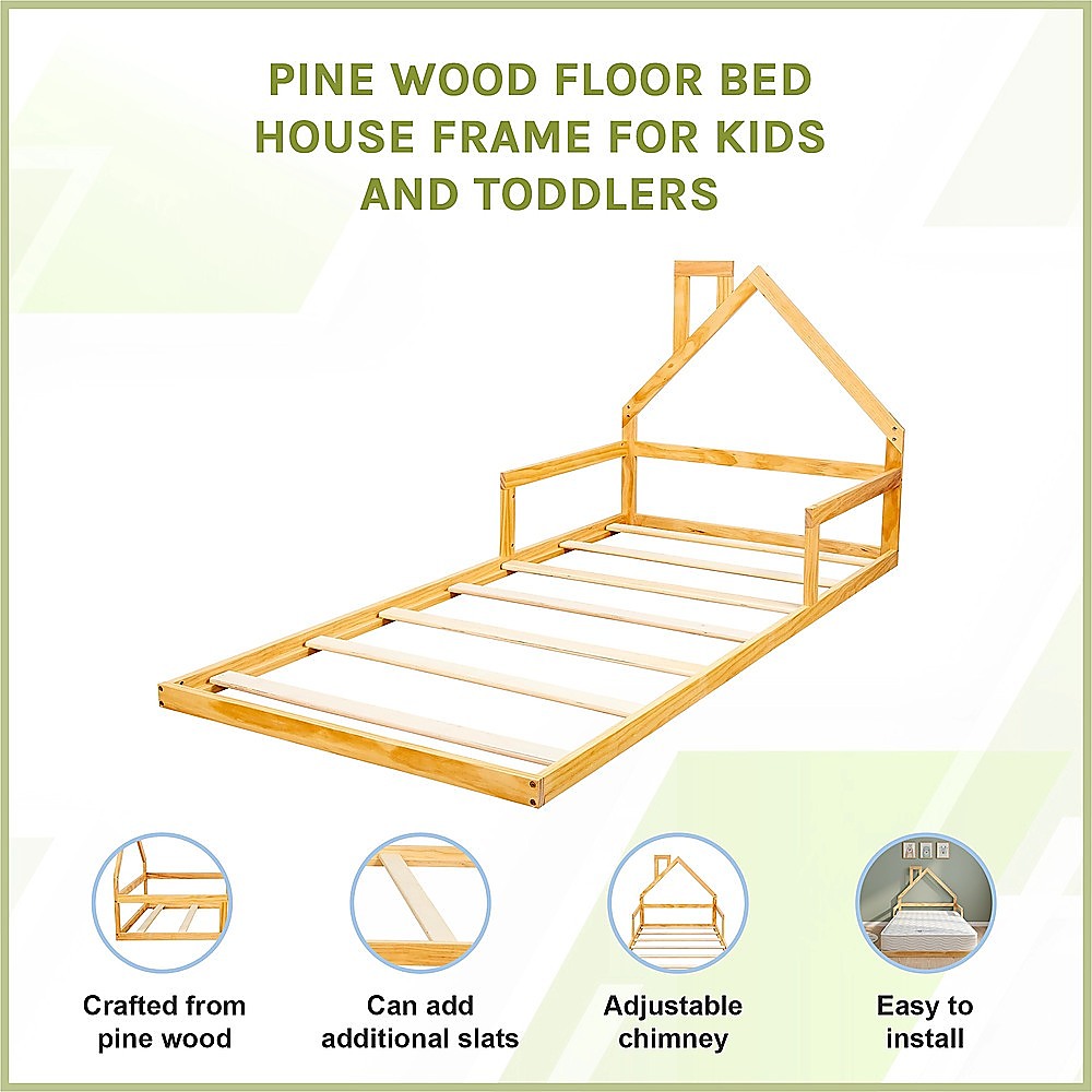 Pine Wood House Bed Frame – Single Size for Kids and Toddlers