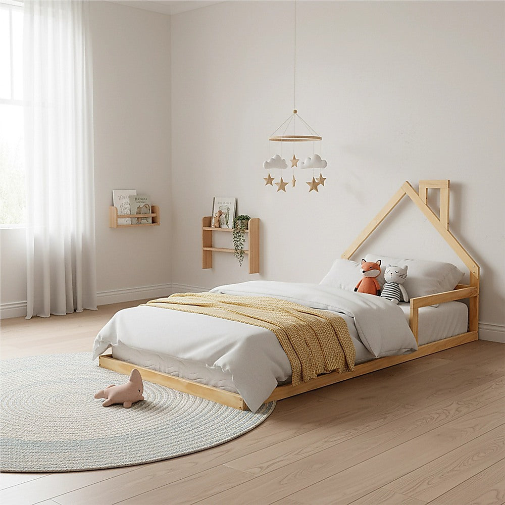 Pine Wood House Bed Frame – Single Size for Kids and Toddlers