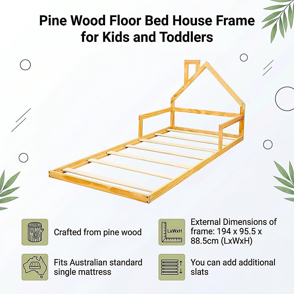 Pine Wood House Bed Frame – Single Size for Kids and Toddlers