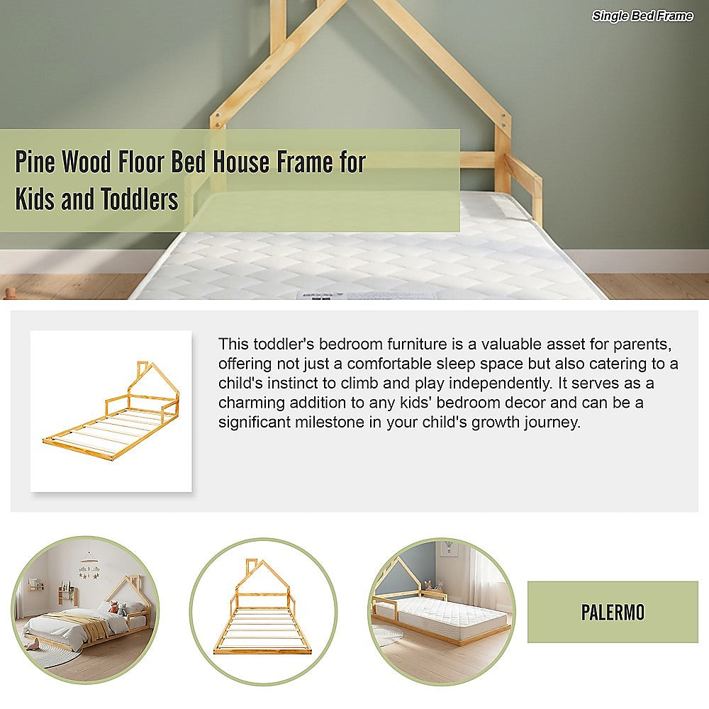 Pine Wood House Bed Frame – Single Size for Kids and Toddlers