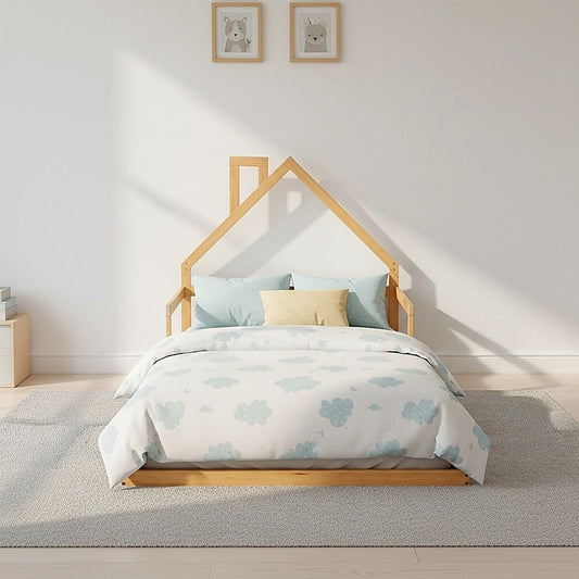 Pine Wood Floor Bed House Frame for Kids and Toddlers
