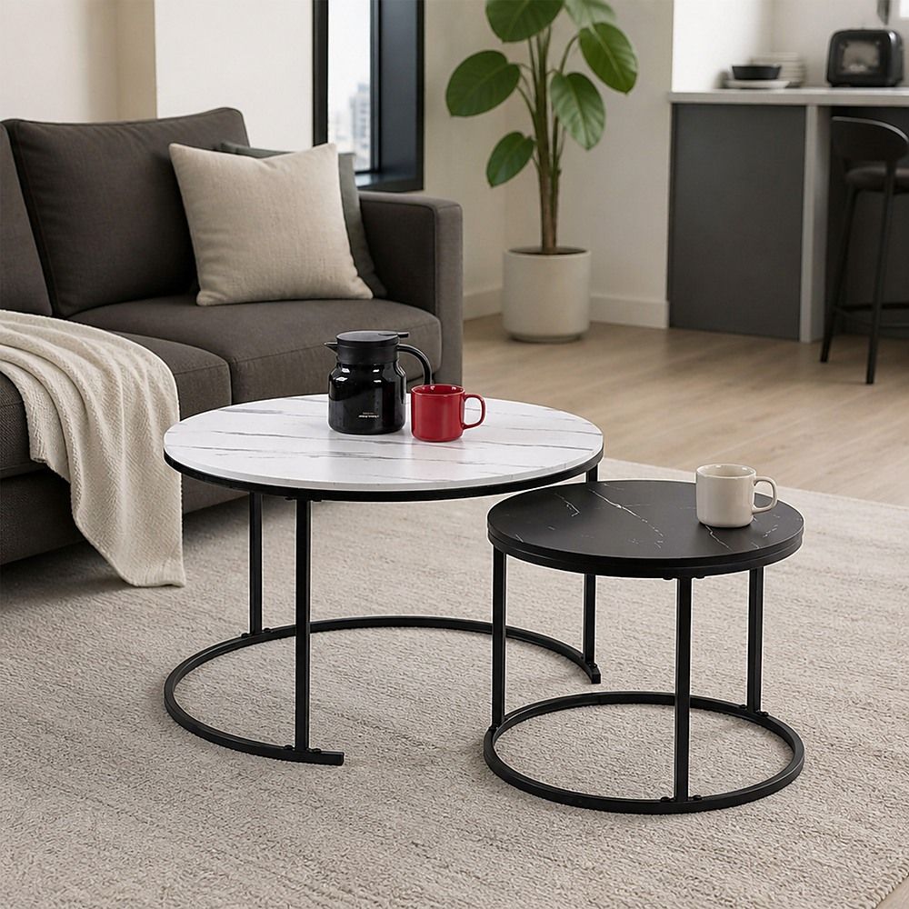 Nesting Coffee Tables – Round Marble Effect, White and Grey Set of 2