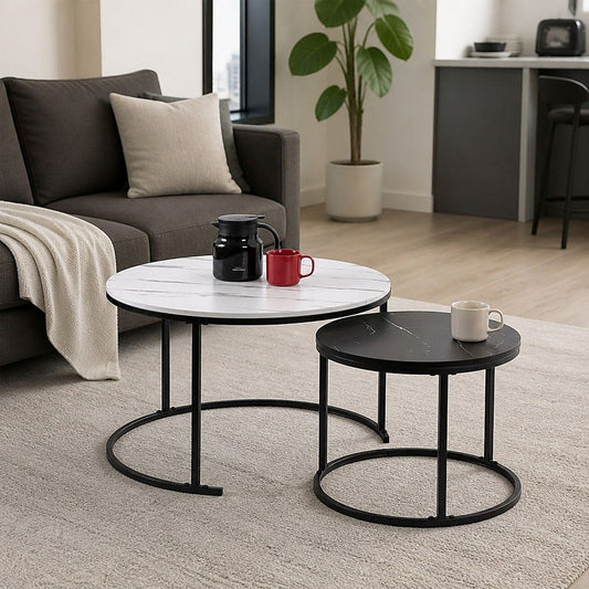 Nesting Coffee Tables – Round Marble Effect, White and Grey Set of 2