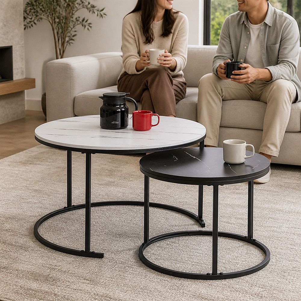 Nesting Coffee Tables – Round Marble Effect, White and Grey Set of 2