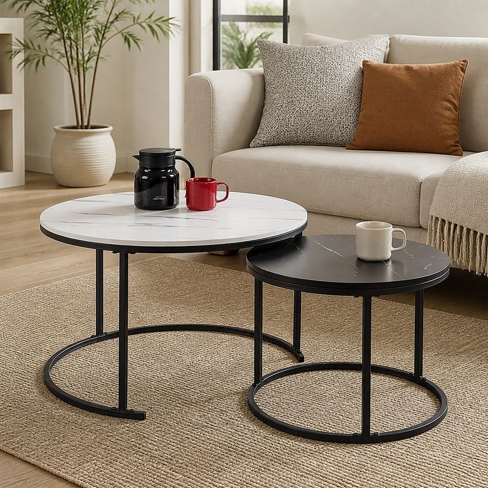 Nesting Coffee Tables – Round Marble Effect, White and Grey Set of 2