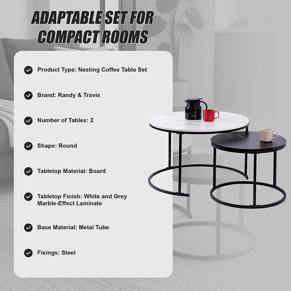 Nesting Coffee Tables – Round Marble Effect, White and Grey Set of 2