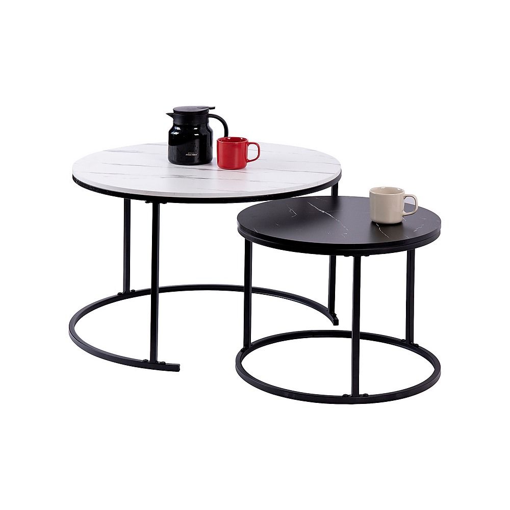 Nesting Coffee Tables – Round Marble Effect, White and Grey Set of 2