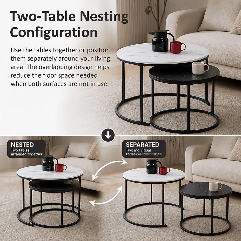 Nesting Coffee Tables – Round Marble Effect, White and Grey Set of 2
