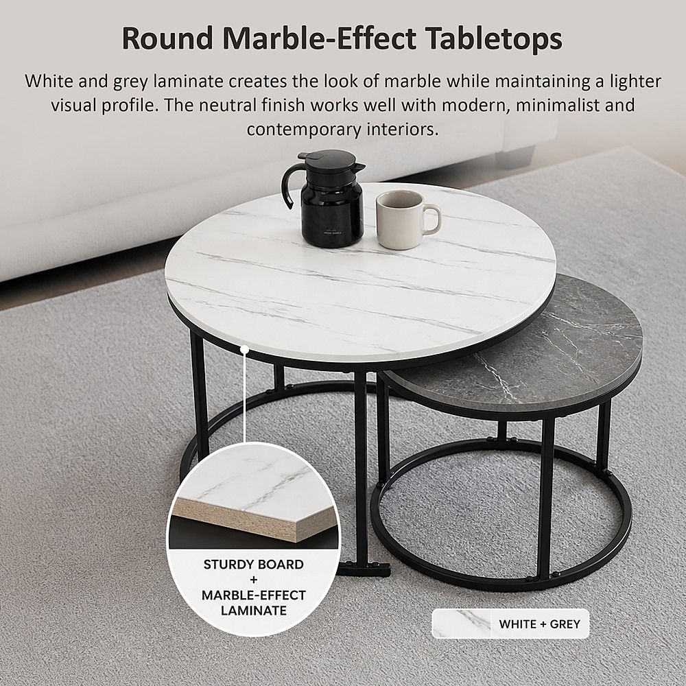 Nesting Coffee Tables – Round Marble Effect, White and Grey Set of 2