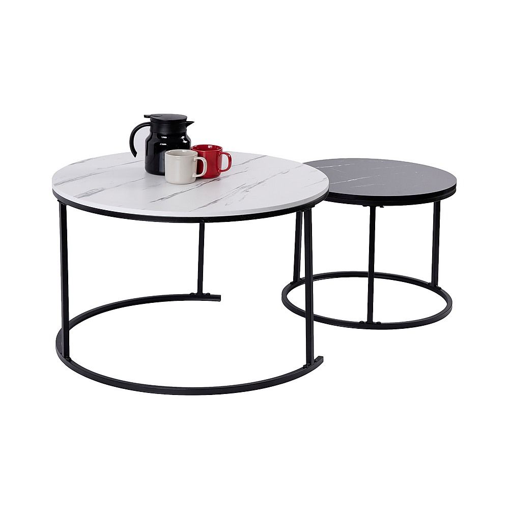 Nesting Coffee Tables – Round Marble Effect, White and Grey Set of 2
