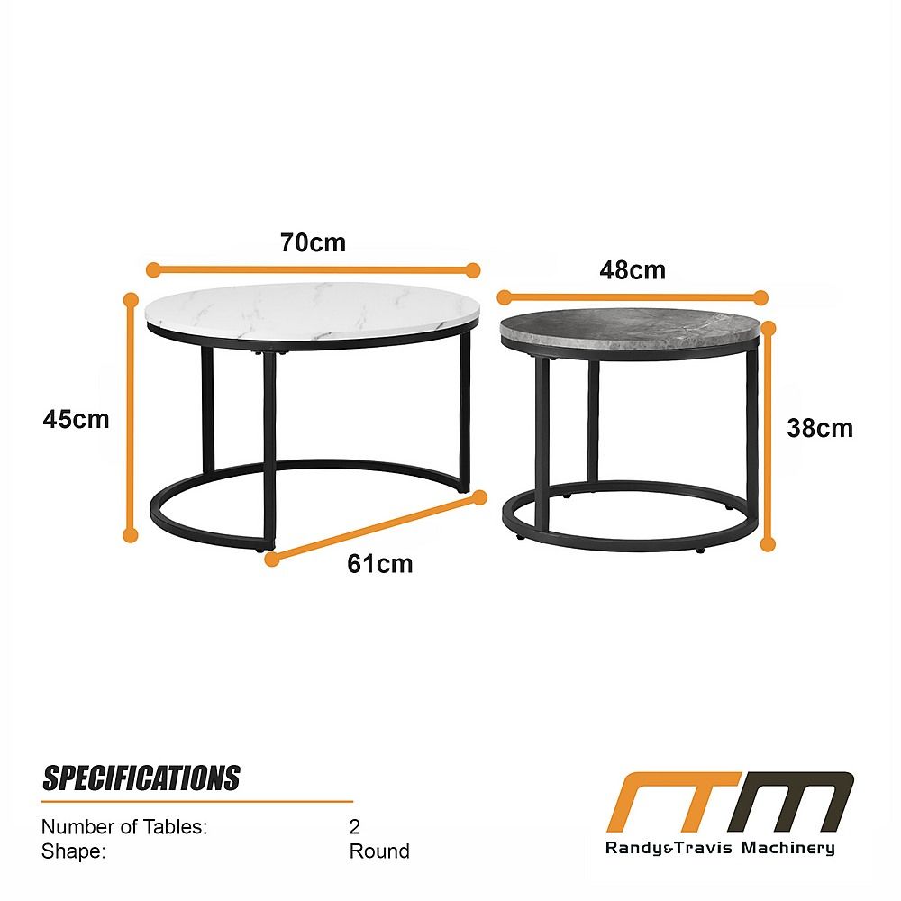 Nesting Coffee Tables – Round Marble Effect, White and Grey Set of 2