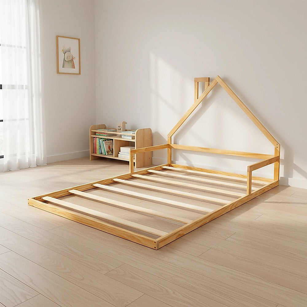 Pine Wood House Bed Frame – Double Size, Rounded Corners