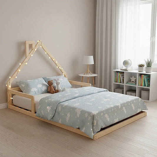 Pine Wood Floor Bed House Frame for Kids and Toddlers