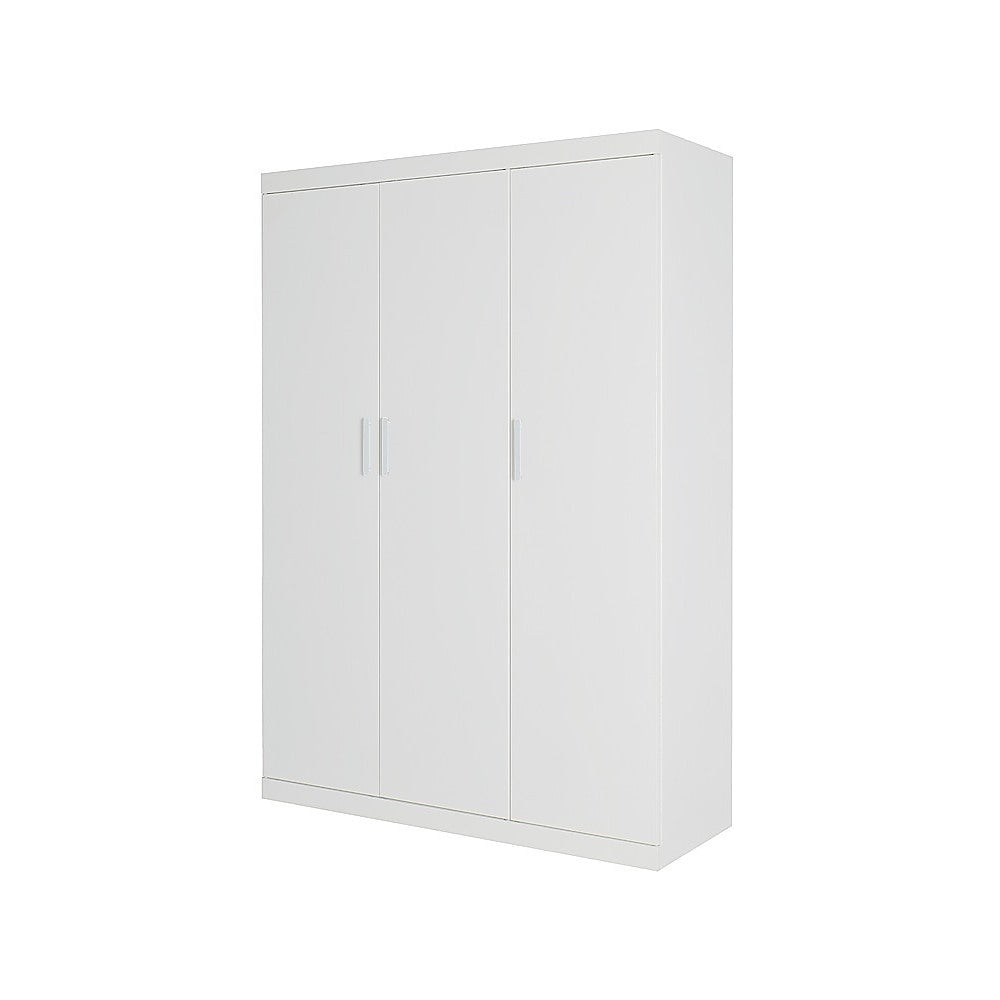 3 Door White Wardrobe – White Handles, Hanging Rail & Shelves