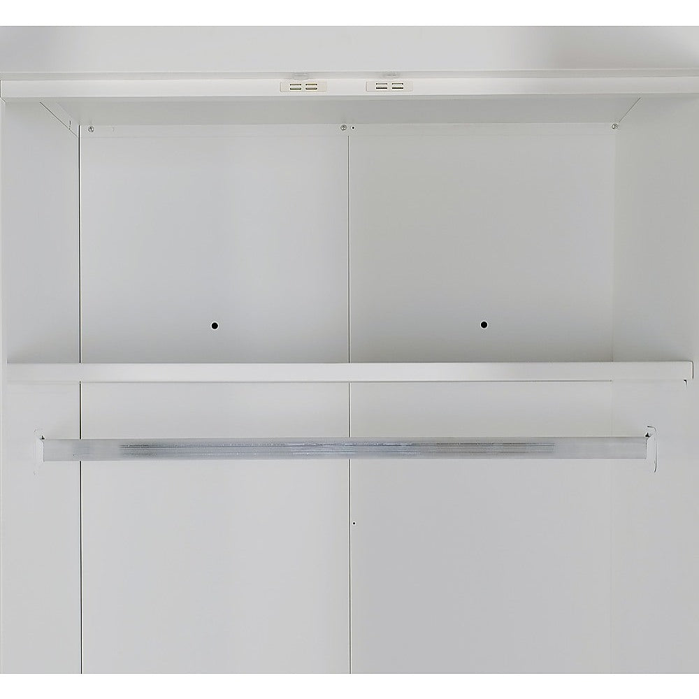 3 Door White Wardrobe – White Handles, Hanging Rail & Shelves
