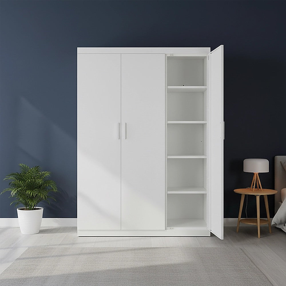 3 Door Wardrobe – White Finish, Hanging Rail & Shelves