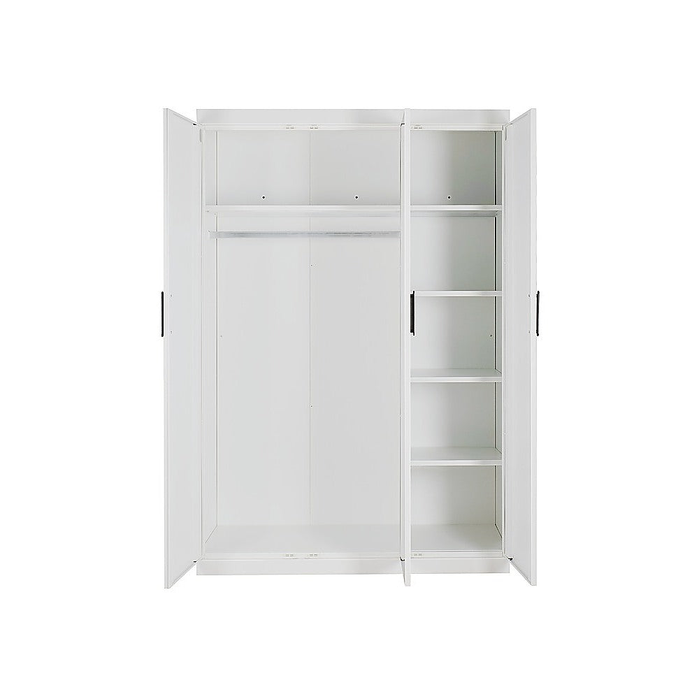 3 Door White Wardrobe – Black Handles, Hanging Rail & Shelves