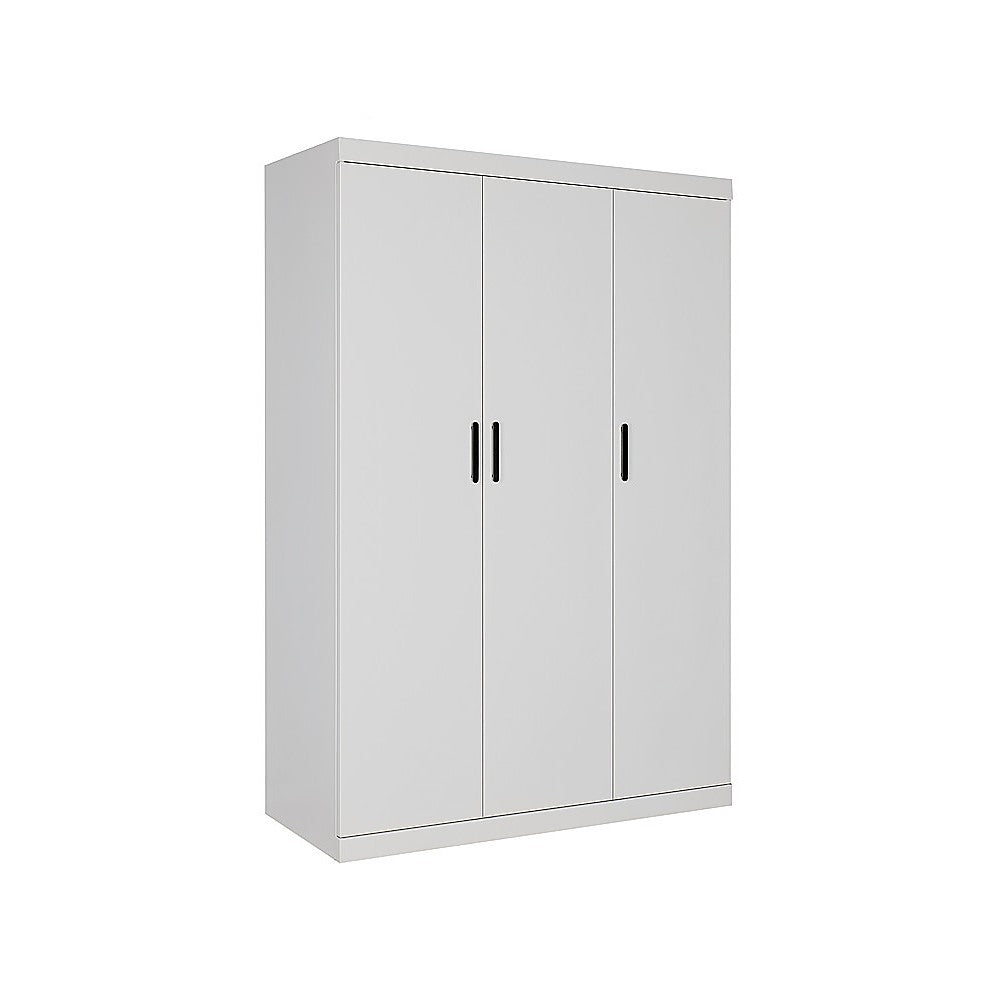 3 Door White Wardrobe – Black Handles, Hanging Rail & Shelves